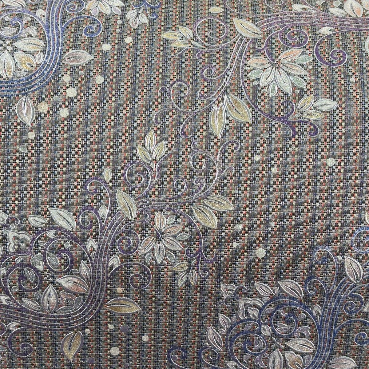 美品】 袋帯 名品 花唐草 縞模様 銀糸 銀彩 灰紫 お太鼓柄 正絹 【中古