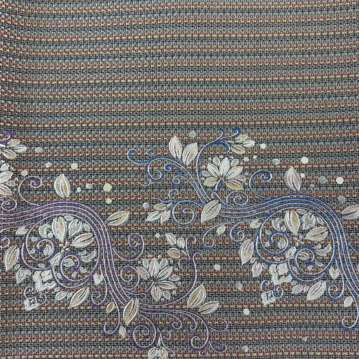 美品】 袋帯 名品 花唐草 縞模様 銀糸 銀彩 灰紫 お太鼓柄 正絹 【中古