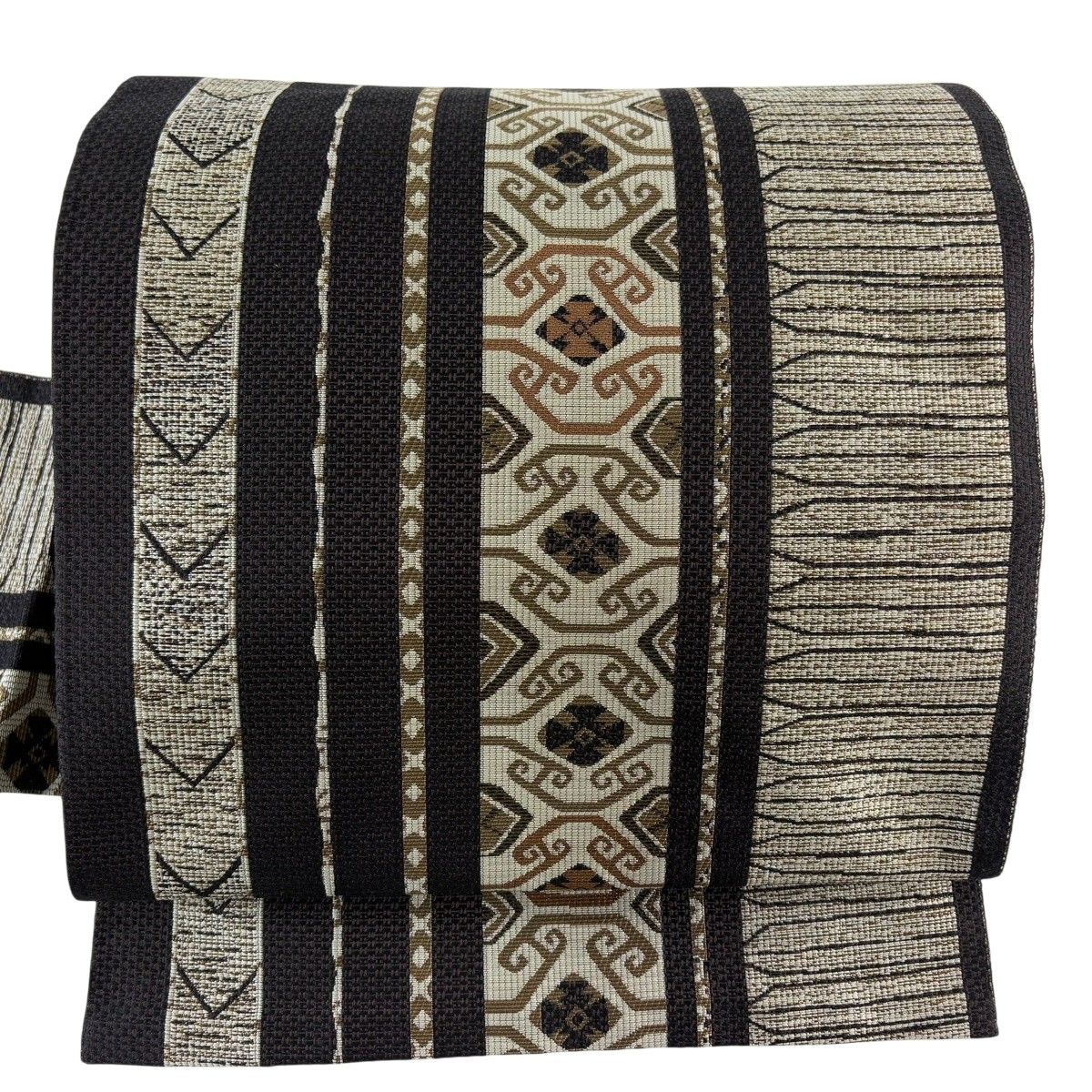 美品】 名古屋帯 名品 八寸名古屋帯 幾何学模様 縞模様 濃紫 正絹