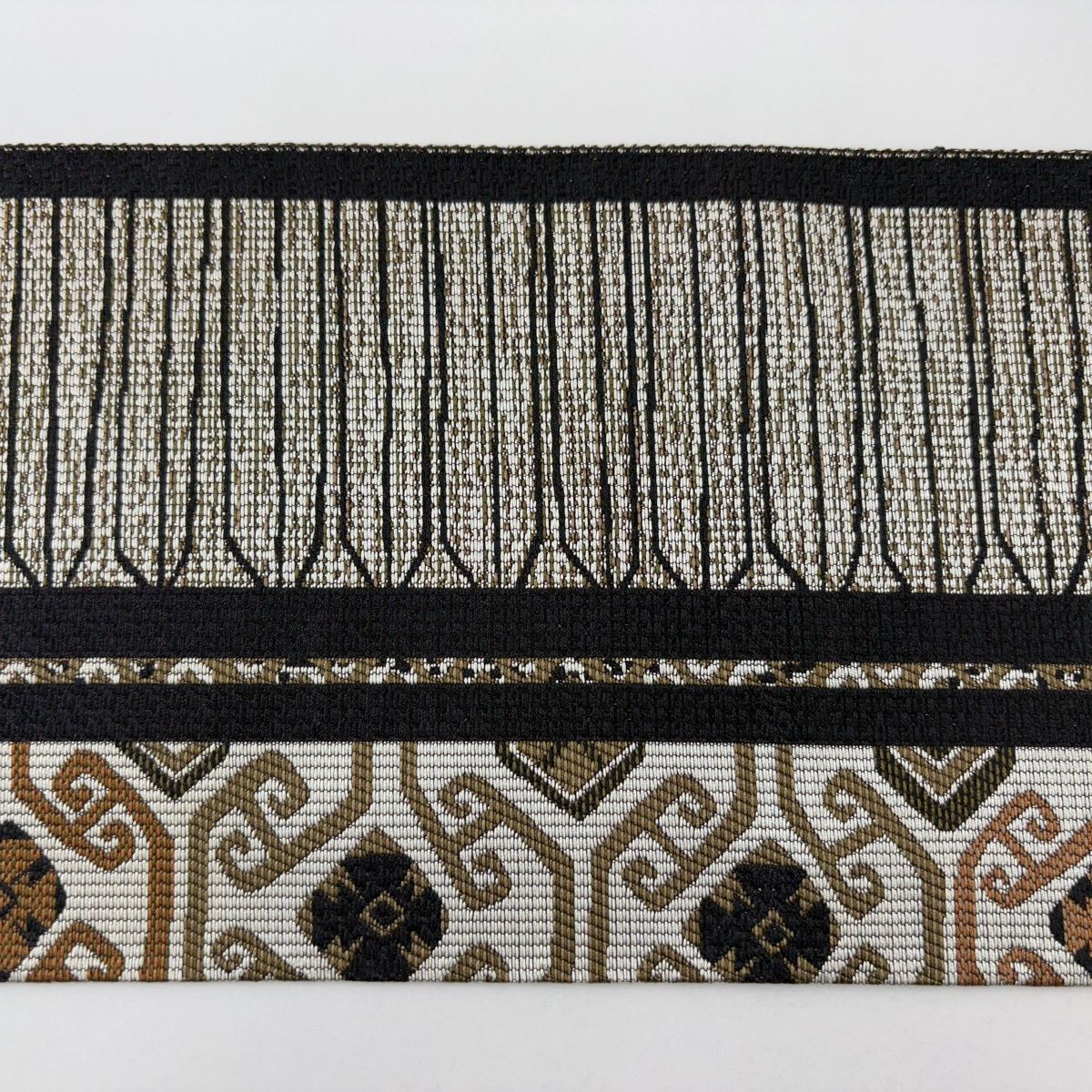 美品】 名古屋帯 名品 八寸名古屋帯 幾何学模様 縞模様 濃紫 正絹