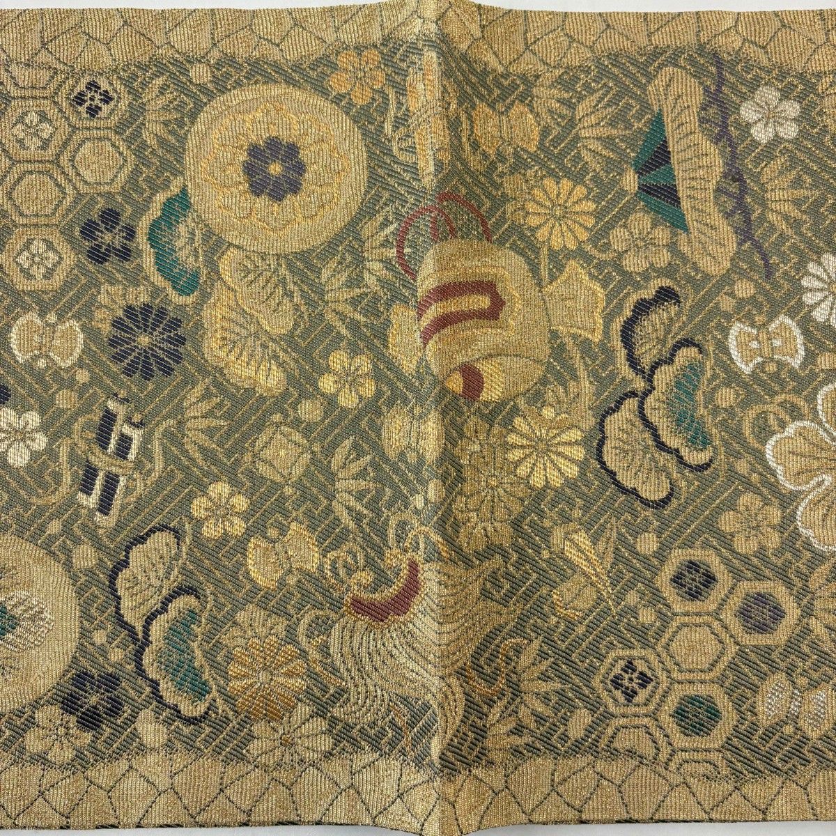 美品】 袋帯 名品 落款 宝尽くし 松竹梅 輪奈織 金糸 金色 六通 正絹