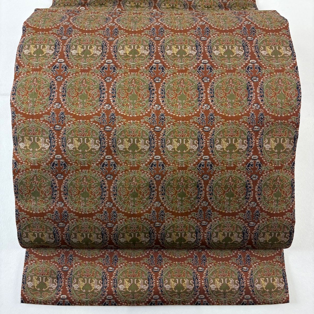 美品】 開き名古屋帯 名品 龍村美術織物 比翼仕立て 円文白虎朱雀錦 赤