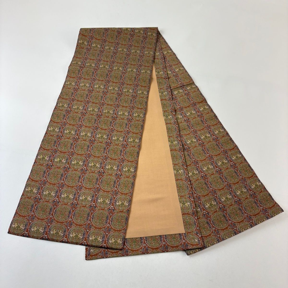 美品】 開き名古屋帯 名品 龍村美術織物 比翼仕立て 円文白虎朱雀錦 赤