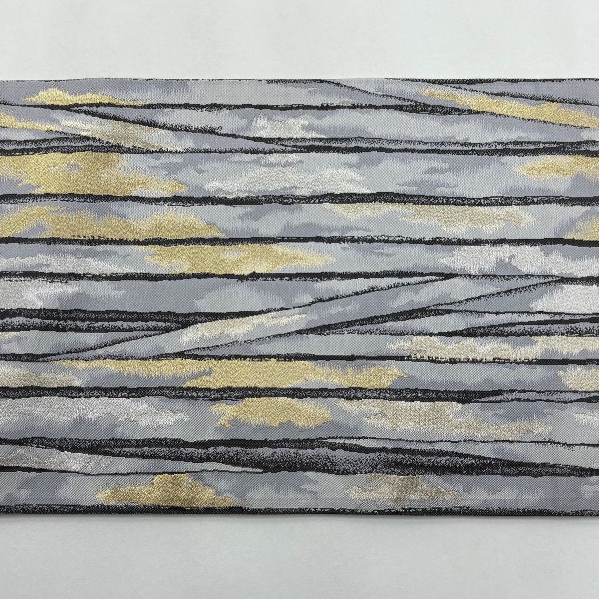 美品】 袋帯 名品 幾何学模様 縞 金銀糸 灰色 六通 正絹 【中古