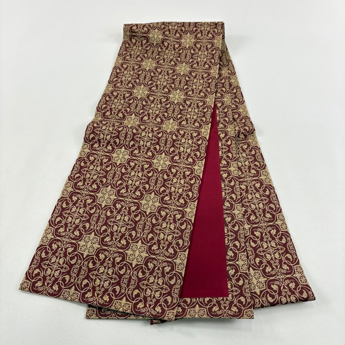 美品】 開き名古屋帯 名品 龍村美術織物 唐草 えんじ色 正絹 【中古