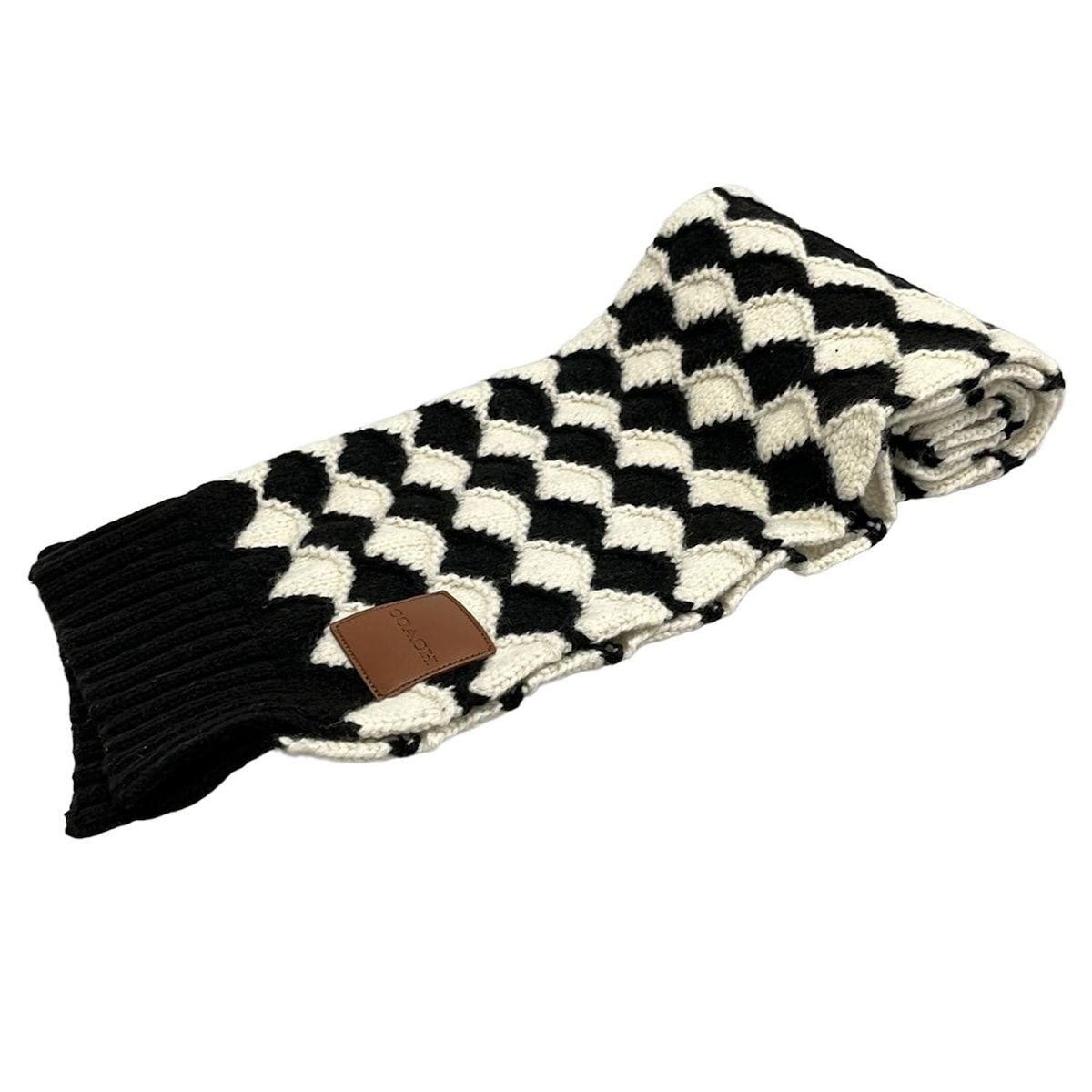 COACH コーチ マフラー - 黒×アイボリー×ブラウン ウール レザー