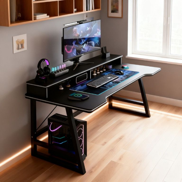 カーボン調天板 ゲーミングデスク ブラック 幅100 cm 二層構造 PCデスク パソコンデスク オフィスデスク 寝室|勉強机|ゲームに最適 大人|学生向け 組み立て簡単