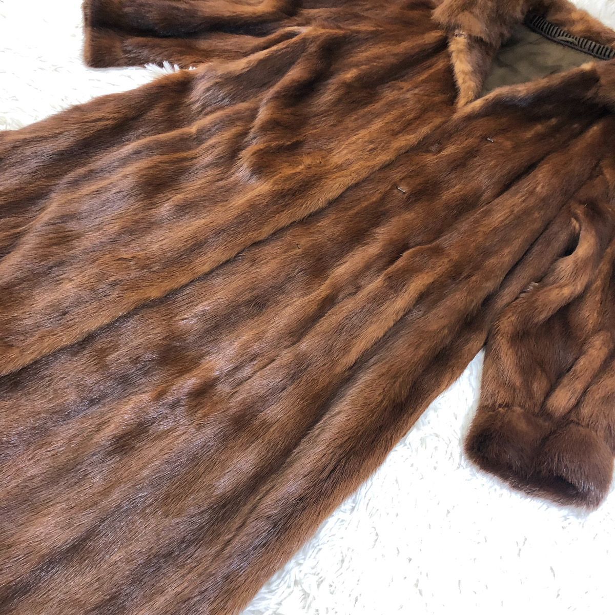 総丈109cm 本毛皮 ロングコート ヴィンテージ 茶系 11号サイズ 比翼