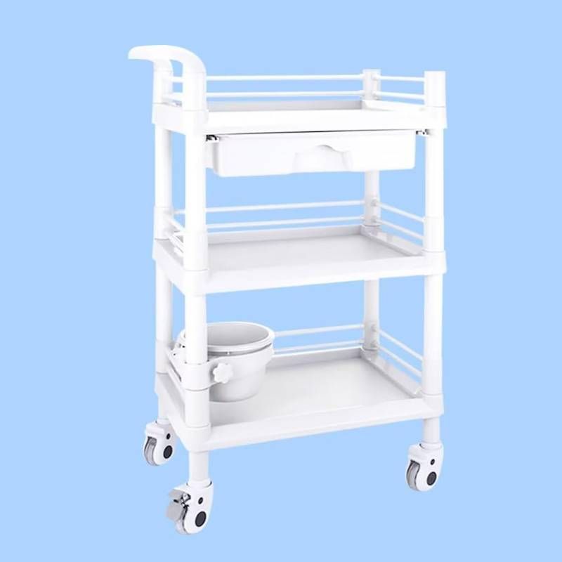 医療用ワゴン 医療用トロリー 3段 Sサイズ ABS素材 引き出し付 キャスター付き ブレーキ 落下防止 グリップ付 汚れ物バケツ付 組立簡単 病院 美容室 獣医クリニック ホワイト