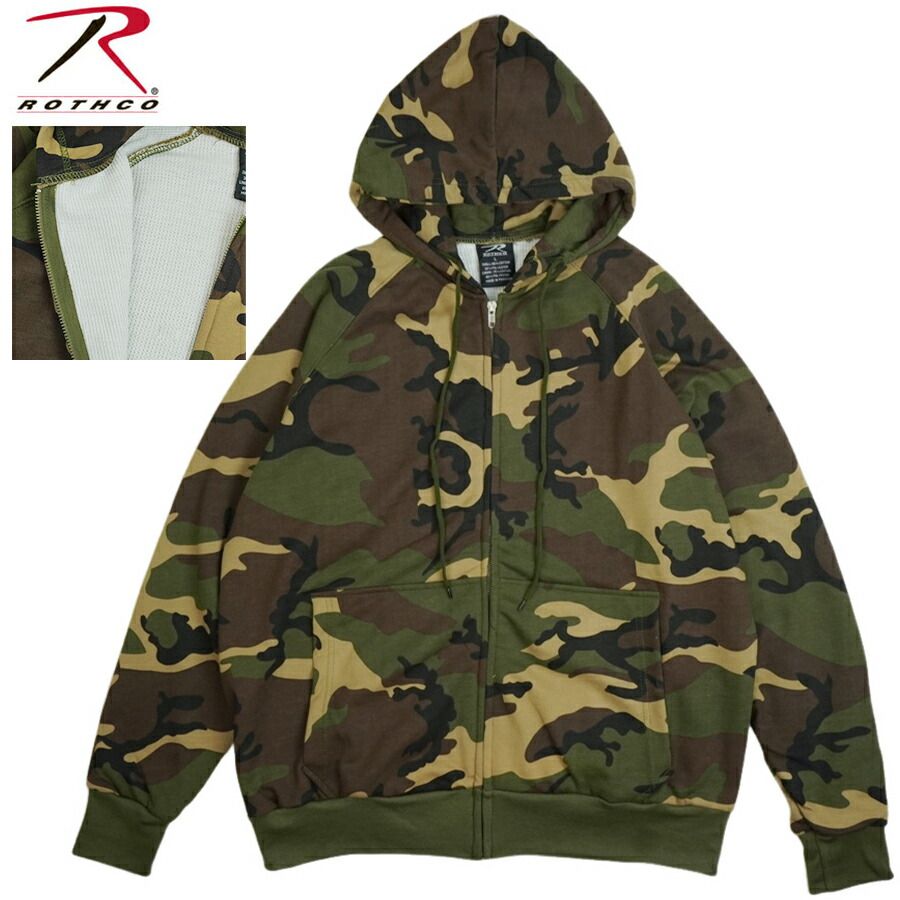 ロスコ ROTHCOメンズ パーカー サーマルライニング ジップフーディーTHERMAL LINED ZIP HOODIE CAMO ウッドランドカモスウェット スエット カットソー 迷彩 カモフラージュ 黒 緑 ベージュ 男女兼用
