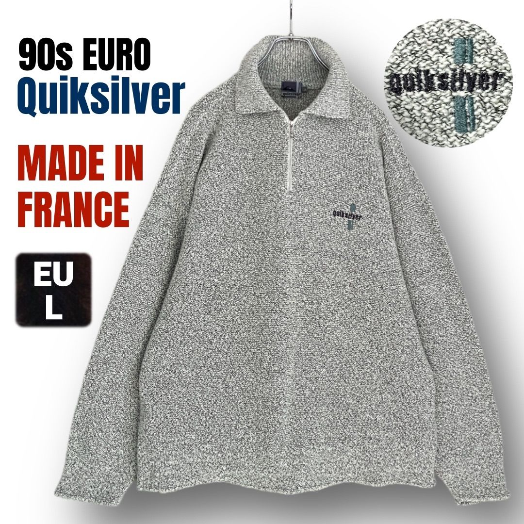 90 s フランス製 ユーロ クイックシルバー パイルニット 襟付ハーフジップ ウールパイルシャツ ワンポイント刺繍 EURO Quiksilver EUメンズL