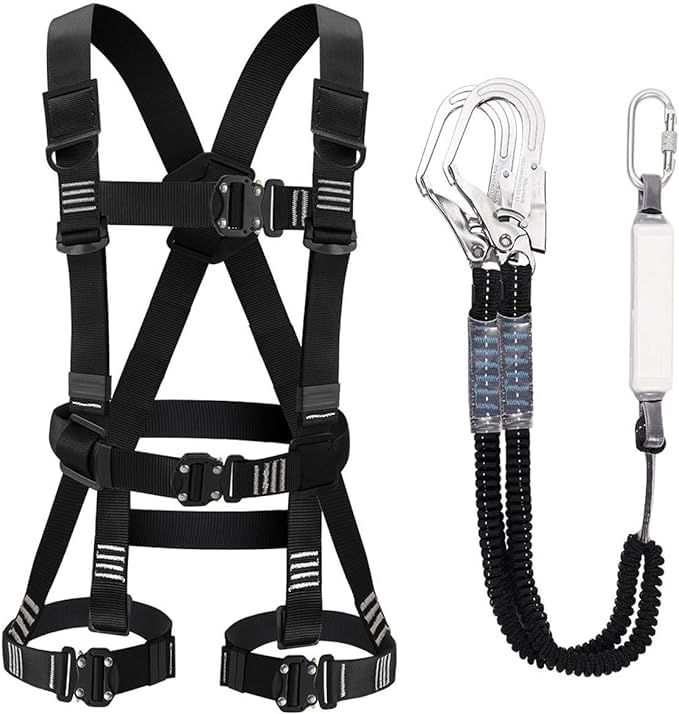 Jisentoll フルハーネス 新規格 セット フルハーネス安全帯 脱着簡単 腹部と胸と脚ワンタッチバックル 便利 安全 水平型腿ベルト 伸縮式 ダブルランヤード ハーネス 安全帯 墜落制止用器具 高所作 ce 347628