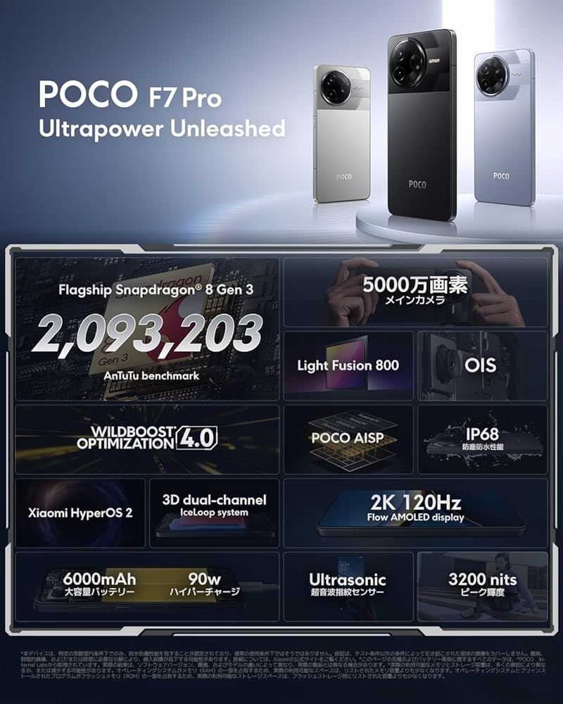 Xiaomi POCO F 7 Pro 12 GB 256 日本語版 Simフリー スマートフォン Qualcomm Snapdragon 8 Gen 3搭載 6000 mAhバッテリー