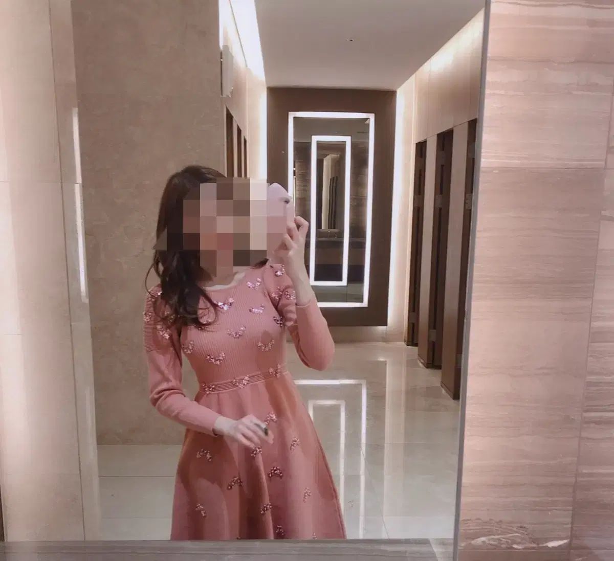 1回着用 ピンク 花スパンコール刺繍 ニット ワンピースS-Mサイズ