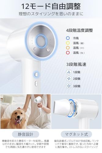  革新モデル 5億マイナスイオン ドライヤー 大風量 速乾 1400 W 高速風 4段階温度＆3段階風量 ヘアドライヤー 軽量 過熱防止 磁吸ノズル付 携帯用ドライヤー 静音 コンパクト 日本向け設計 旅行用|家庭用 ホワイ 0 d 064 cde その他 キッチン 食器