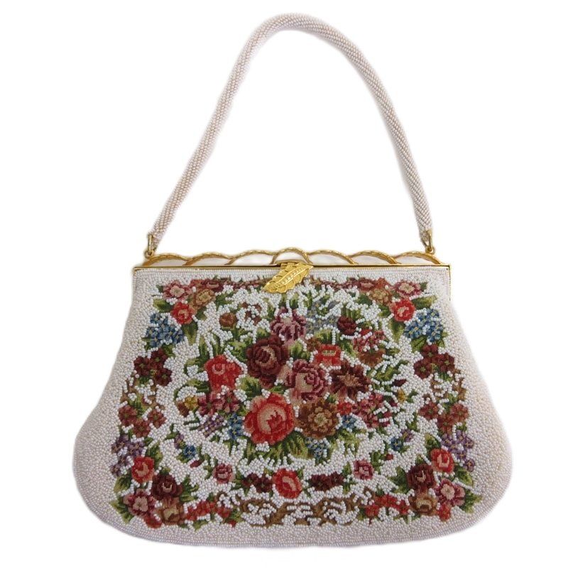 ノーブランド ビーズ刺繍 花柄 ハンドバッグ がま口 ホワイト □FF