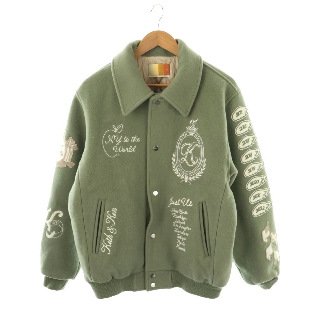 【中古】キス KITH MANTECO Varsity Jacket ボンバージャケット ブルゾン 刺繍 L スモークグリーン ホワイト /ES キス KITH MANTECO Varsity Jacket ボンバージャケット ブルゾン 刺繍