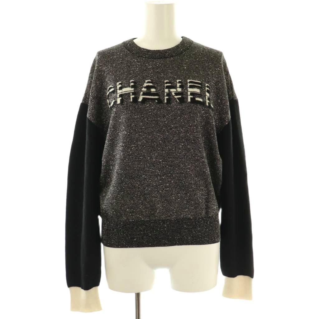【中古】シャネル CHANEL P62886K48477 Cashmere Logo Knit ニット セーター 長袖 カシミヤ混 36 黒 アイボリー シャネル CHANEL P62886K48477 Cashmere Logo Knit ニット セーター