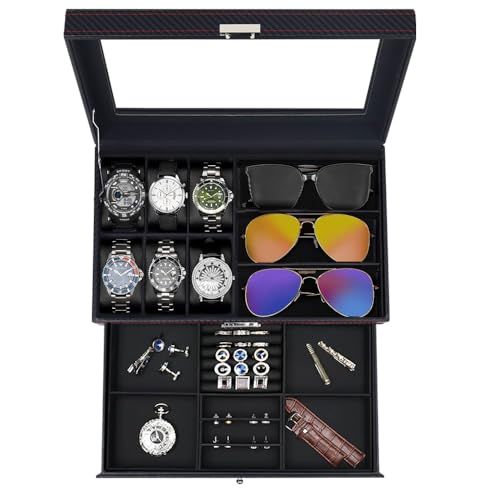 腕時計ケース 3本 6本 腕時計収納ボックス 時計 コレクションケース カーボンファイバー仕上げ 男女兼用 インタリア用 レザー製クッション 鍵付き G 01 2段式 3 6 2 a b 5 ff 0