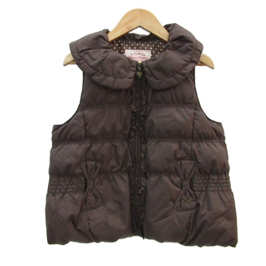 メゾピアノ mezzo piano ダウンベスト S 茶 ブラウン ビッグカラー フリル リボン ジップアップ ミドル丈 /YS34 GY61 女の子