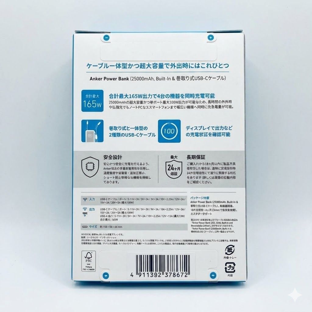 Anker Power Bank ブラック 25000 mAh 165 W USB-A C