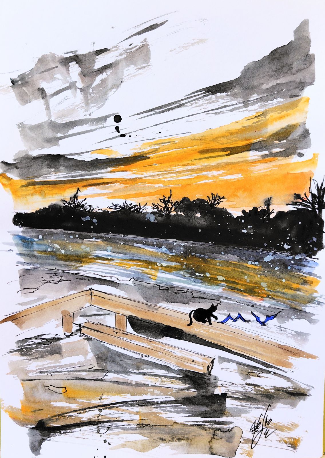 原画#211 黒猫 鳥 夕暮れ コネチカット アメリカ 水彩画 ドローイング