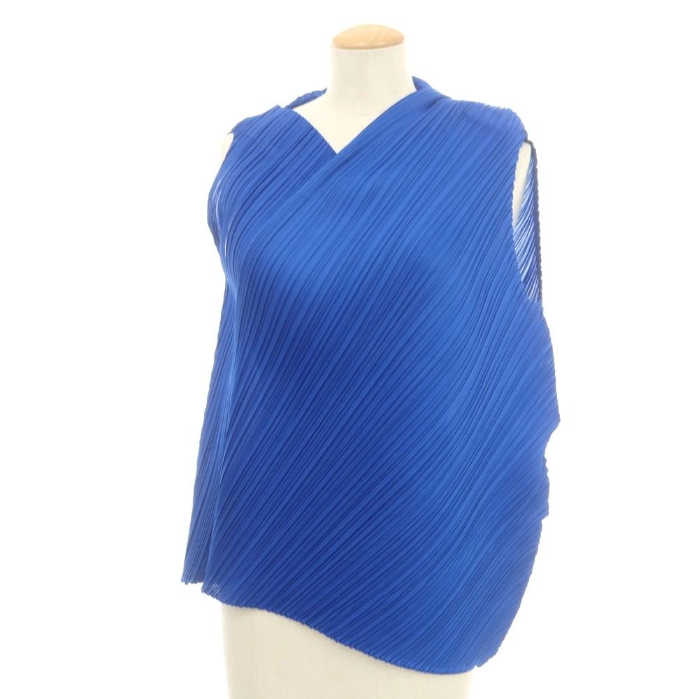 プリーツプリーズ PLEATS PLEASE 秋冬 ポリエステル系 プリーツ アシンメトリー ノースリーブカットソー ブラウス ブルー サイズ表記なし L位 レディース
