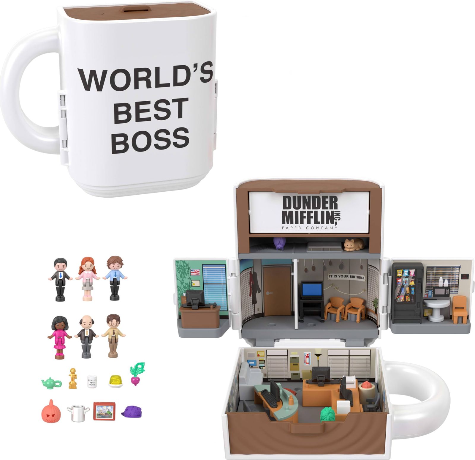 Polly Pocket x The Office Compact Playset キャラクター人形 とアクセサリー コレクション用パートナーシップトイ コーヒーマグ 外装