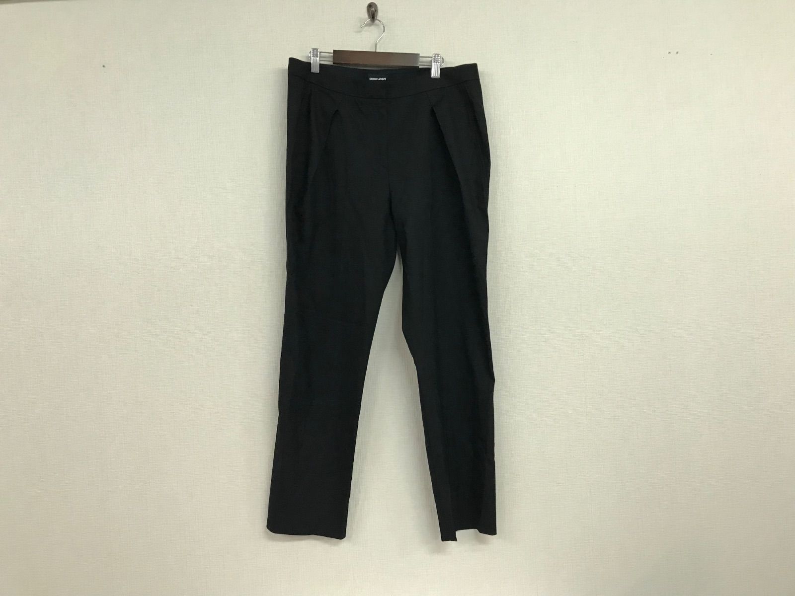 ジョルジオアルマーニ ウールストレッチスラックスパンツレディースサーフアメカジミリタリーストリートスケータービジネススーツモードドレスゴルフバイカーロック44黒ブラックXLイタリア製