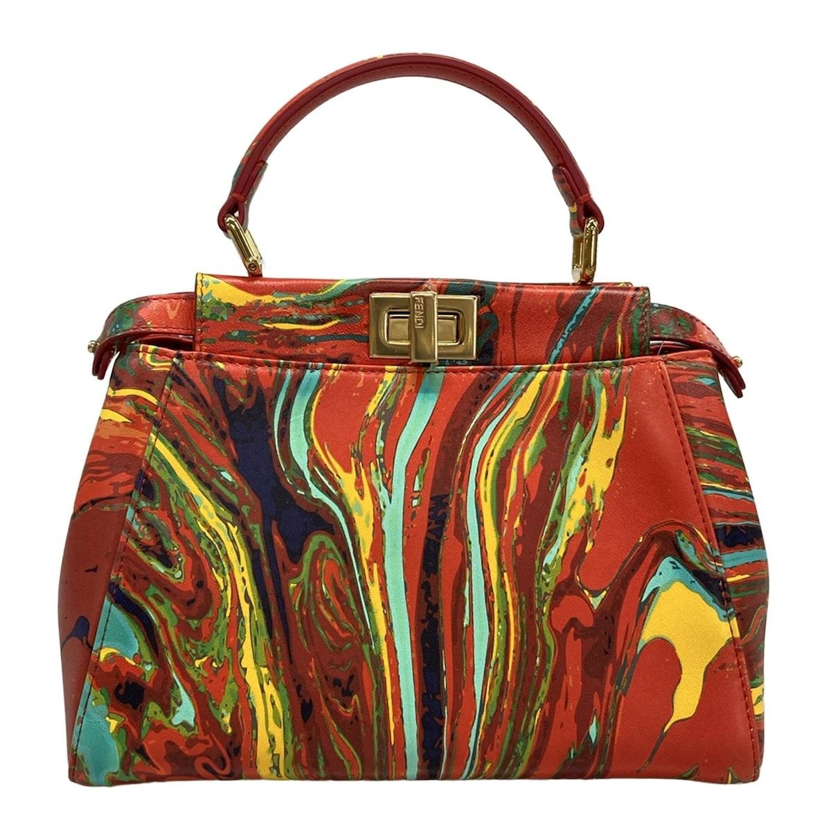 FENDI フェンディ ハンドバッグ ピーカブーアイコニックスモール 8 BN 244 レッド×イエロー×マルチ マーブル レザー