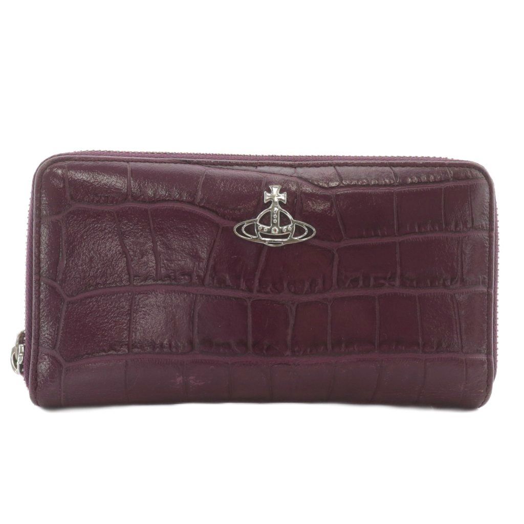 ヴィヴィアンウエストウッド Vivienne Westwood 長財布 レザー クロコ型押し ラウンドファスナー オーブ シルバー金具 紫 パープル /XZ ■GY18