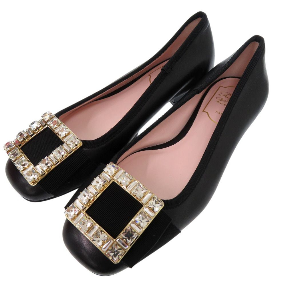♥ ロジェヴィヴィエ クリスタル バックル パンプス フラットシューズ レザー ブラック 1367 Roger Vivier