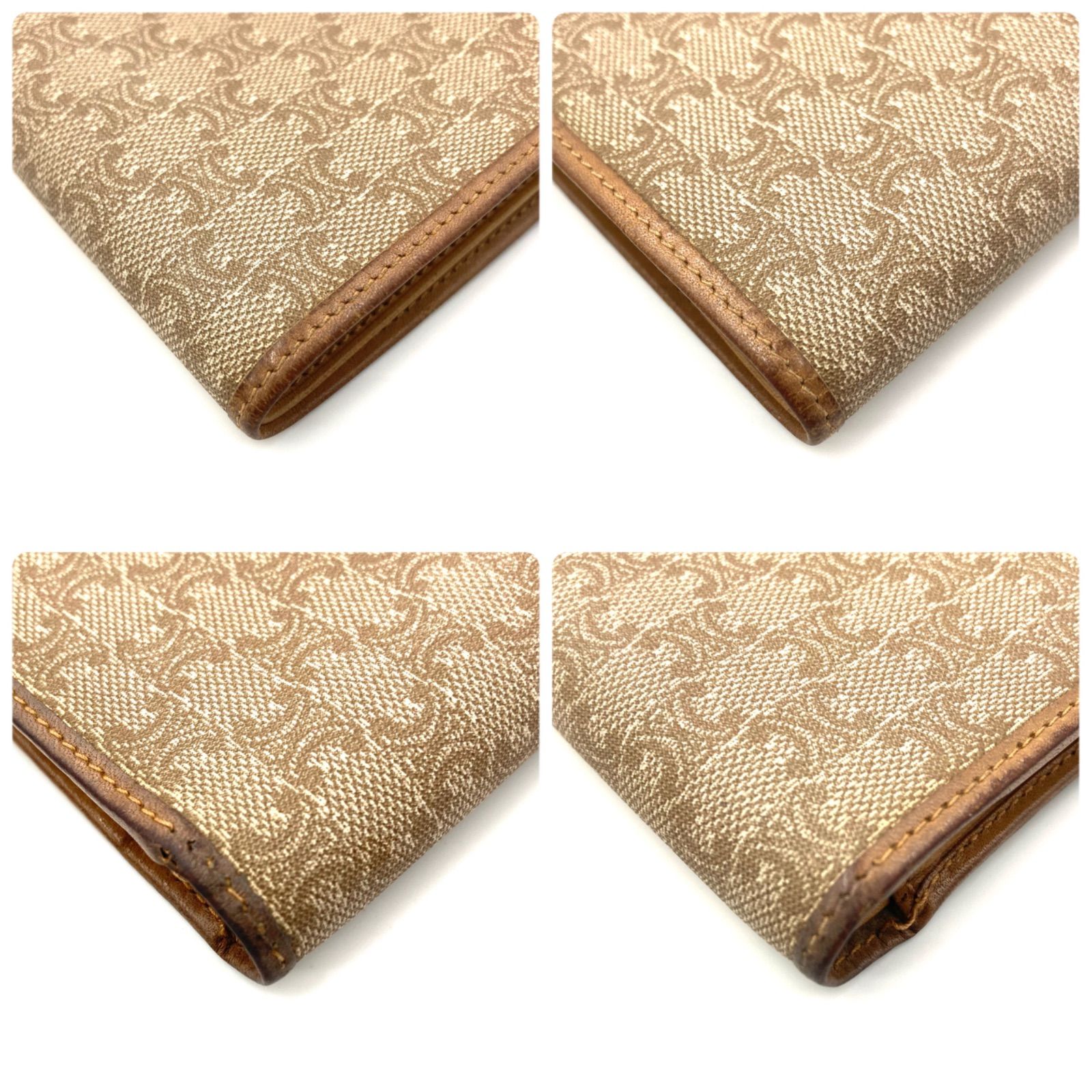 CELINE セリーヌ マカダム柄 二つ折りレザー×PVC ベージュ×レッド CELINE セリーヌ マカダム総柄 二つ折り財布 PVC×レザー ブラウン