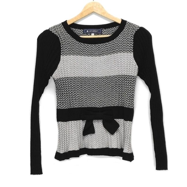 M S GRACY エムズグレイシー 長袖セーター サイズ40 レディース - 黒×白×グレー ニット|ボーダー|リボン