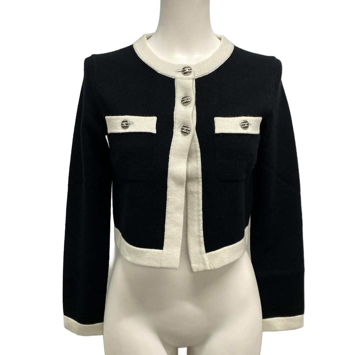 CHANEL シャネル カーディガン サイズ34 S レディース - P 76462 黒×白 長袖|2025年 コットン カシミヤ