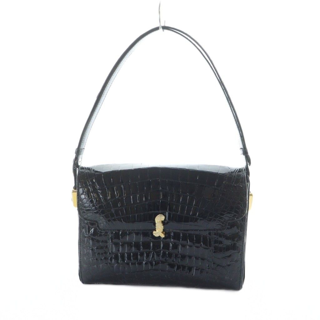 【中古】ノーブランド品 ハンドバッグ トート レザー クロコダイル ゴールド金具 黒 ブラック ■GY11 /MQ ノーブランド品 ハンドバッグ トート レザー クロコダイル ゴールド