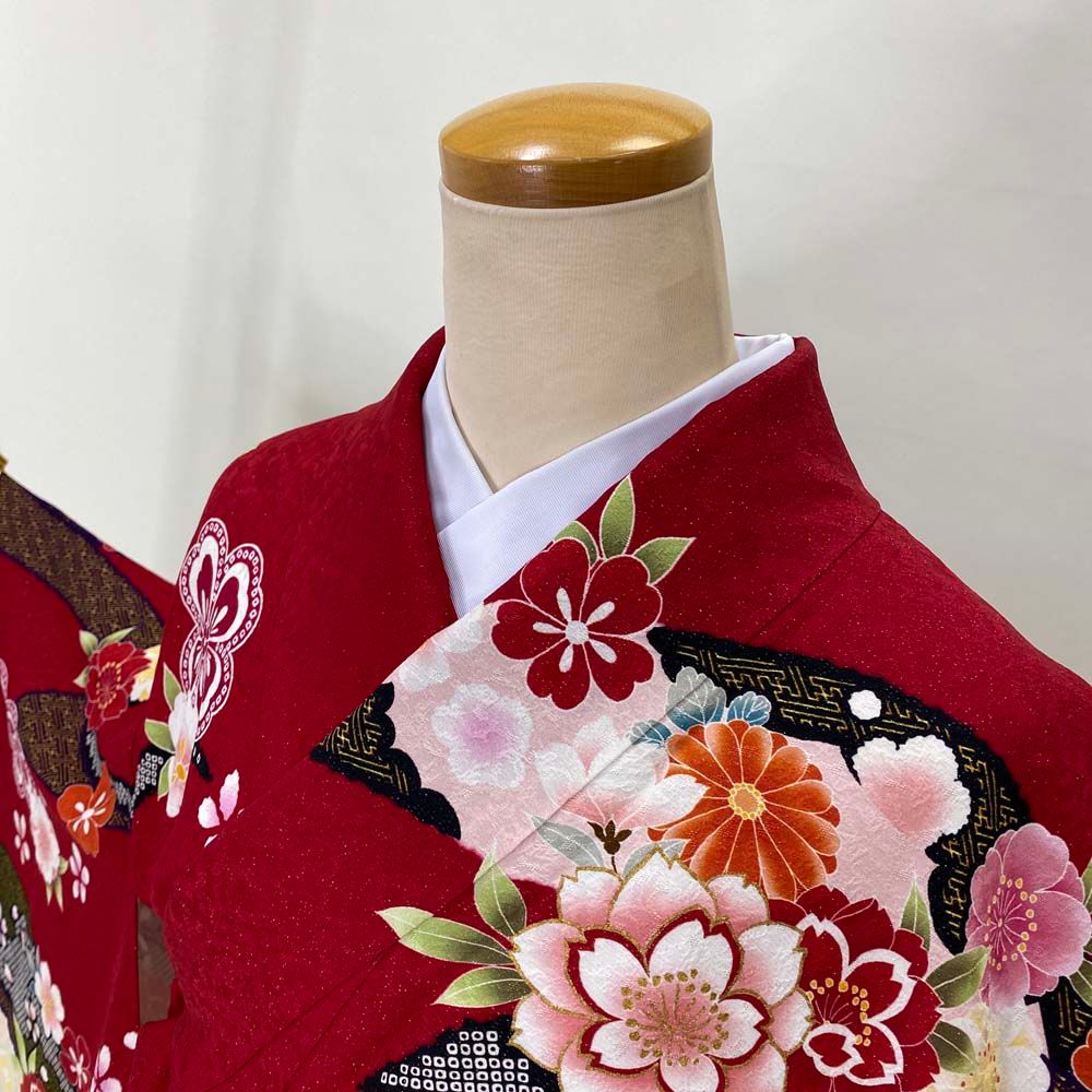振袖 中古 赤 正絹 古典 裄67cm 身丈173cm 美品 L サイズ 成人式 5056