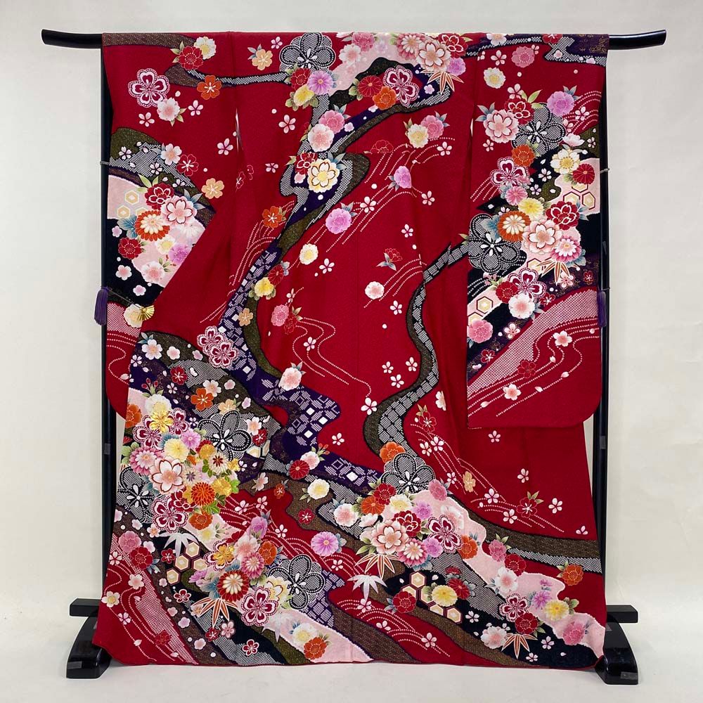 振袖 赤 正絹 古典 裄67 cm 身丈173 L サイズ 成人式 5056