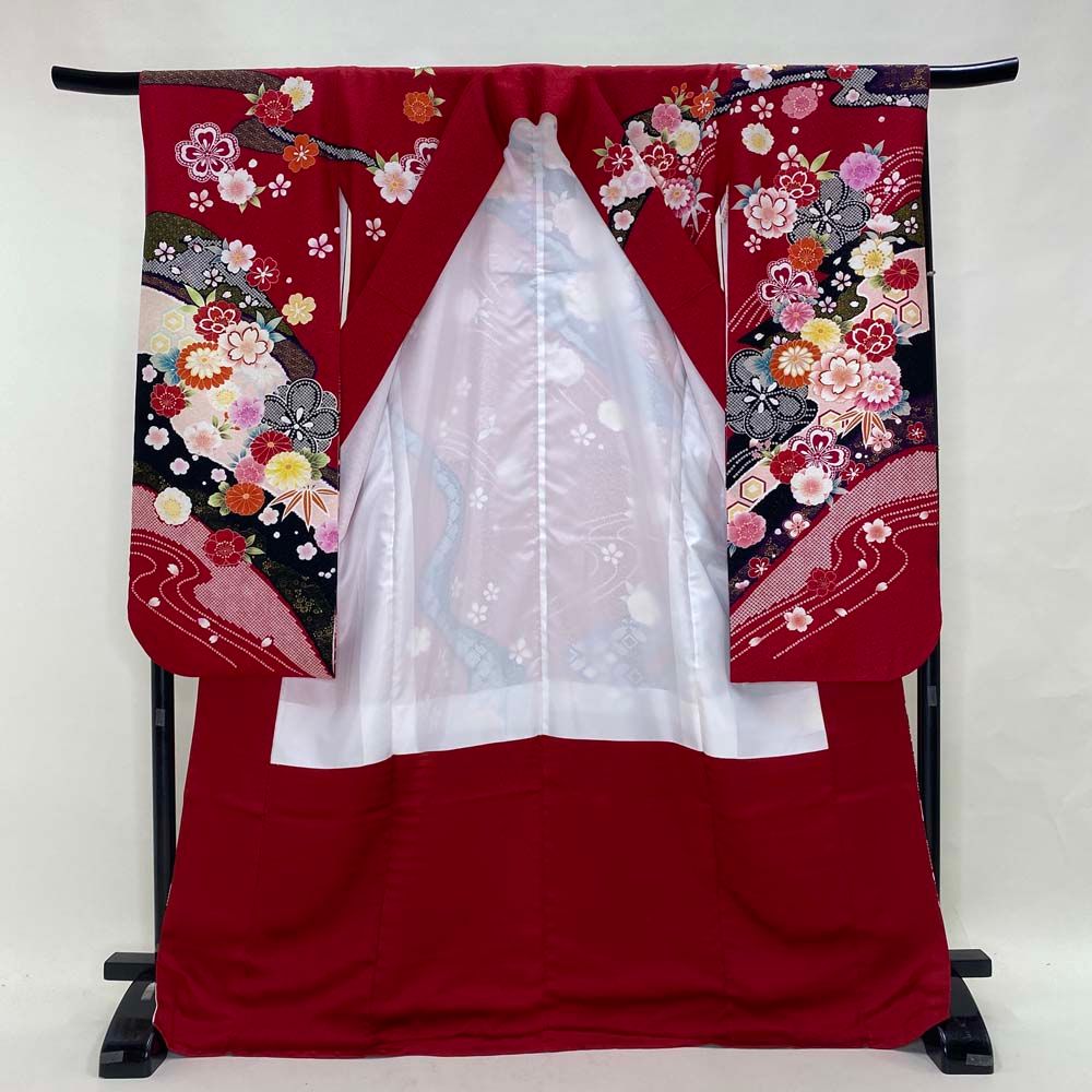 振袖 中古 赤 正絹 古典 裄67cm 身丈173cm 美品 L サイズ 成人式 5056