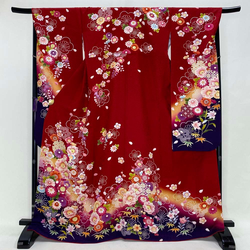 振袖 赤 正絹 古典 裄67 cm 身丈173 L サイズ 成人式 5057