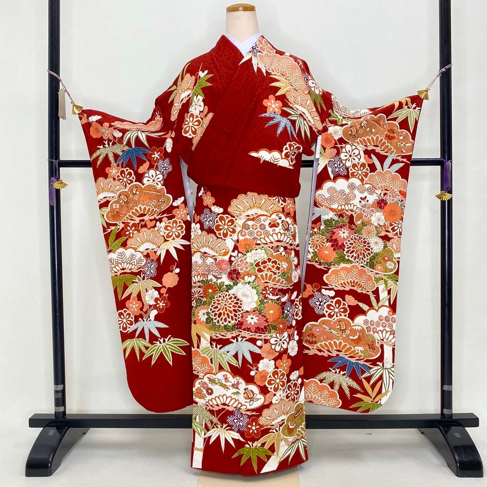 振袖 赤 正絹 古典 裄68 cm 身丈163.5 L サイズ 成人式 5058 ワンピース グレー系