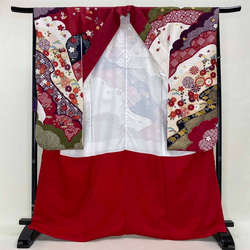 振袖 赤 白 正絹 古典 裄66 cm 身丈167 M サイズ 成人式 5061