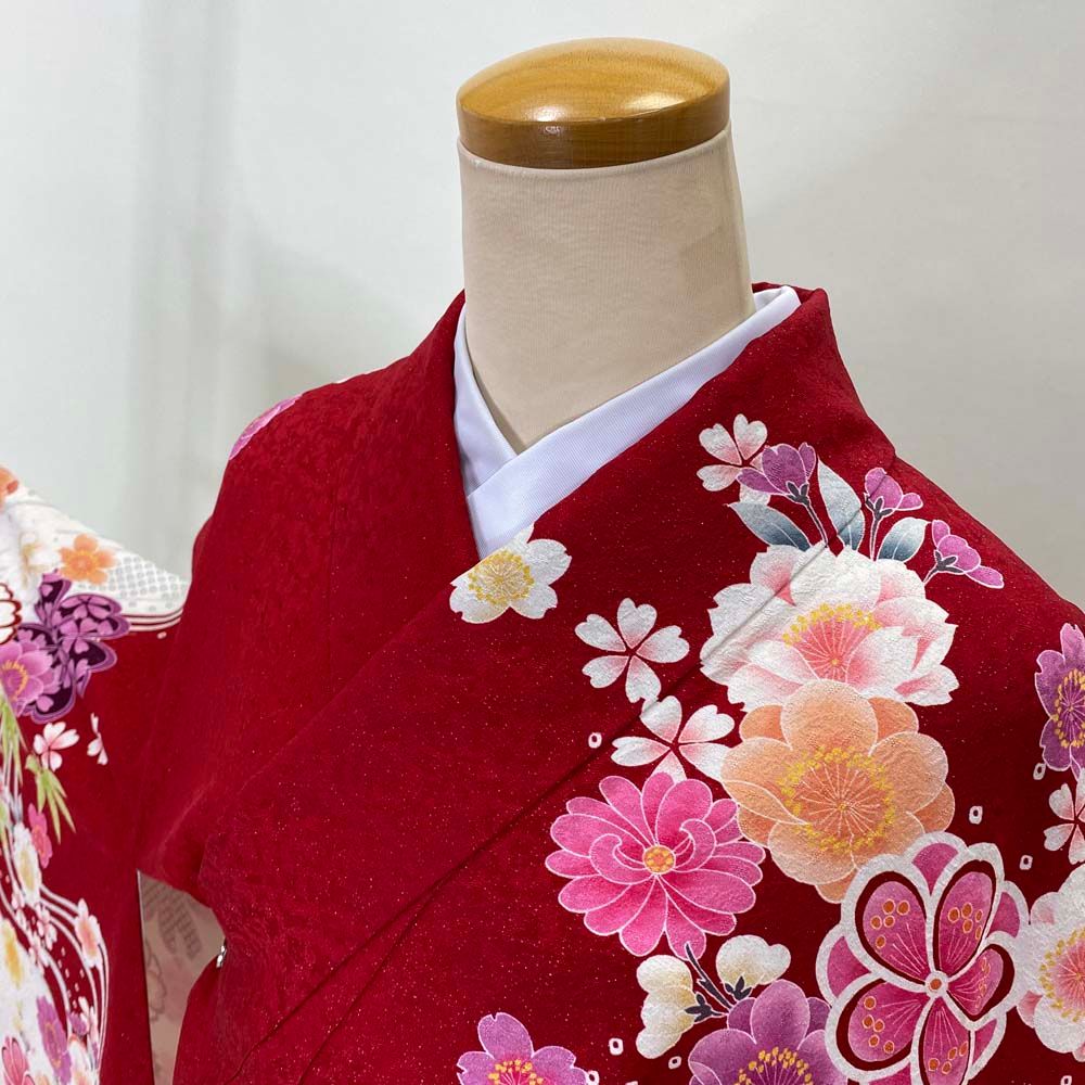 振袖 中古 赤 正絹 古典 裄68cm 身丈172cm 美品 L サイズ 成人式 5063