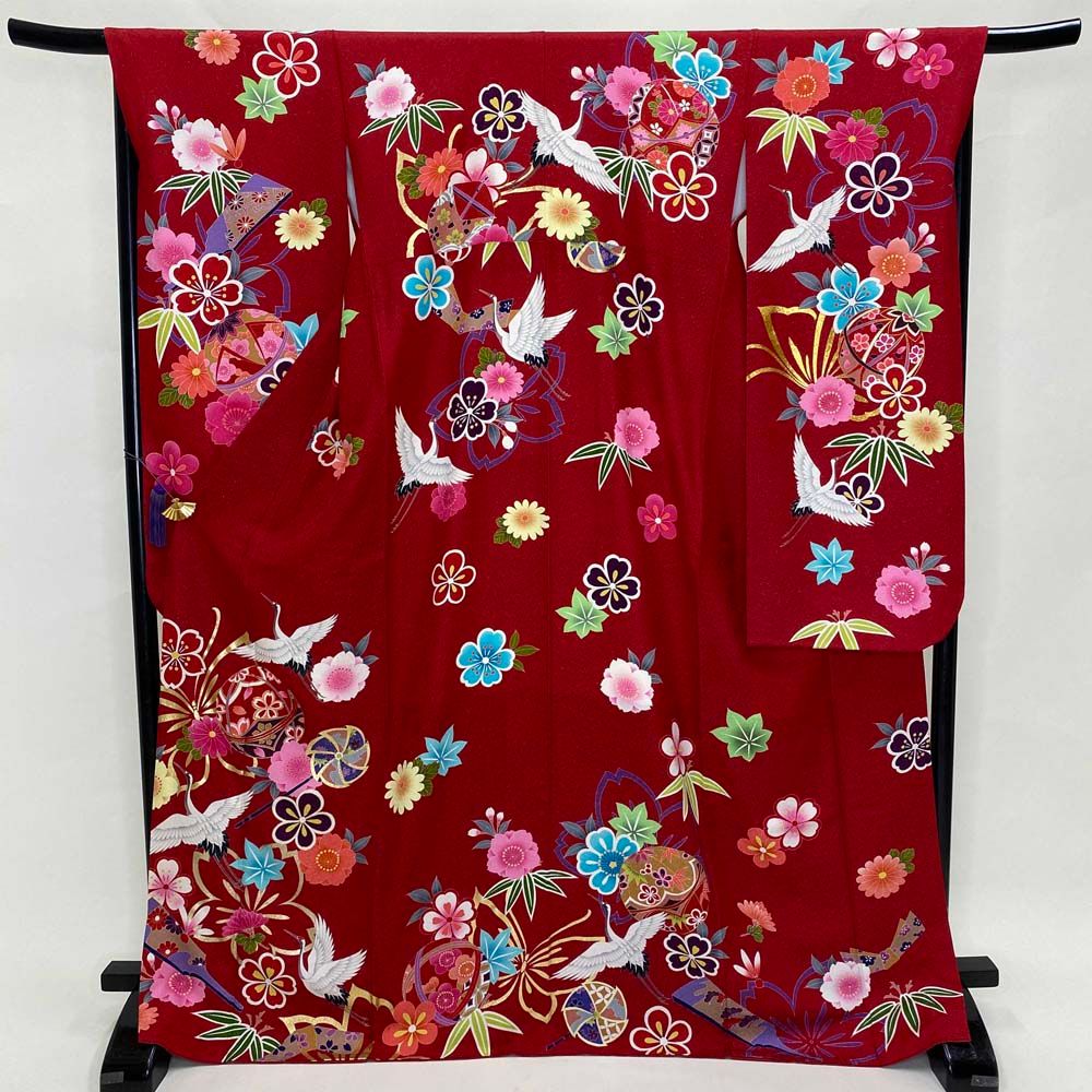 振袖 中古 赤 正絹 古典 裄68cm 身丈172cm 美品 L サイズ 成人式 5069