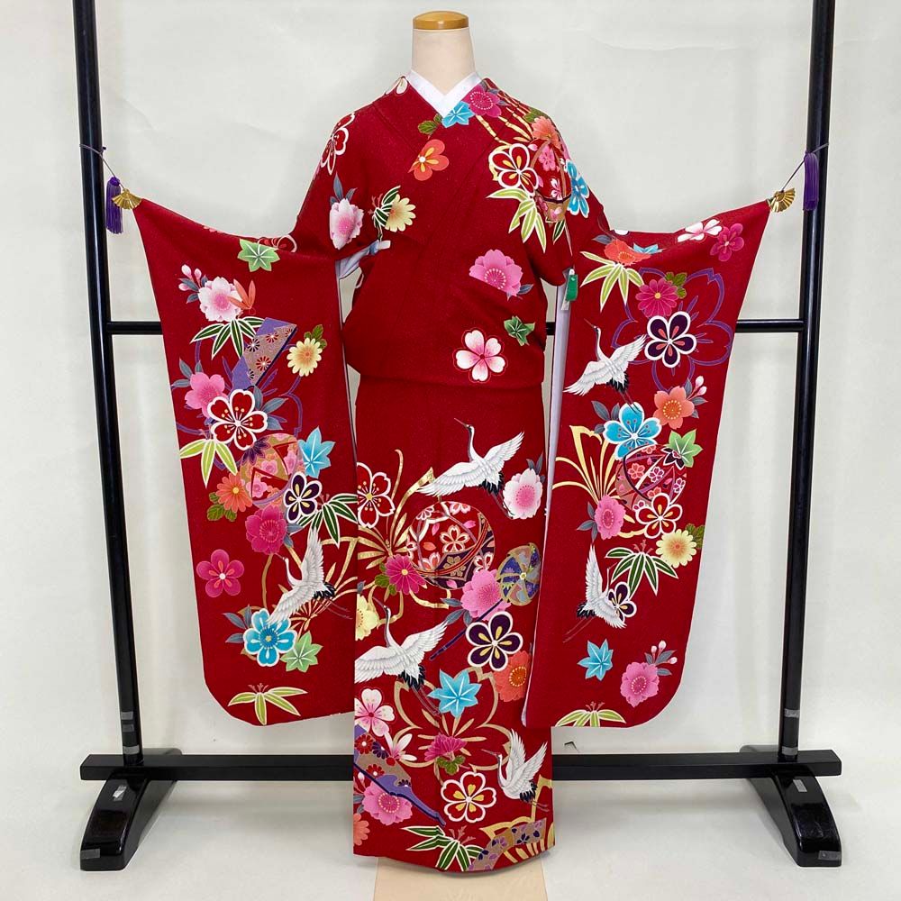 振袖 中古 赤 正絹 古典 裄68cm 身丈172cm 美品 L サイズ 成人式 5069