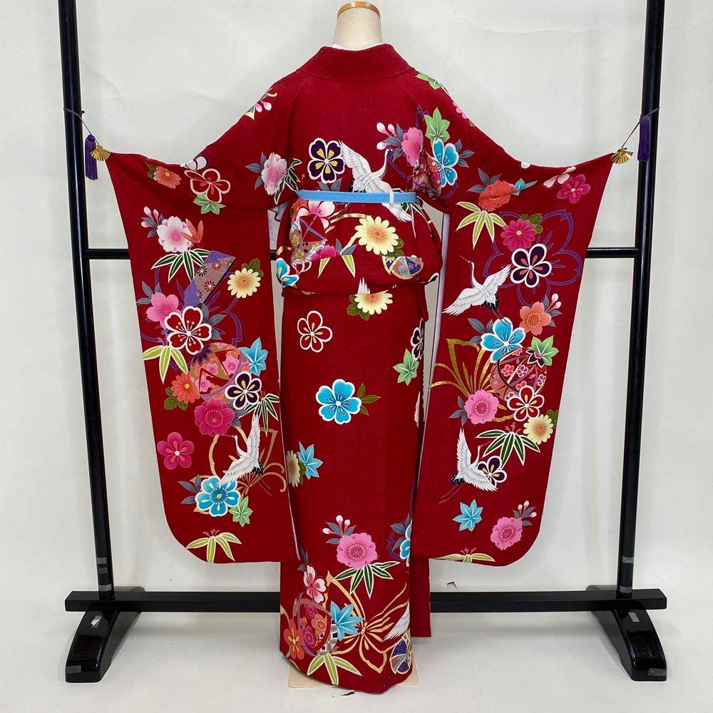 振袖 中古 赤 正絹 古典 裄68cm 身丈172cm 美品 L サイズ 成人式 5069