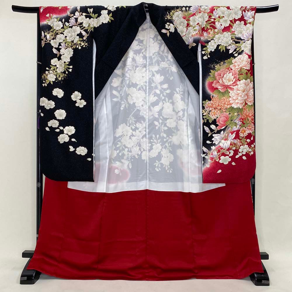 振袖 黒 赤 正絹 古典 裄67.3 cm 身丈172 L サイズ 成人式 5071