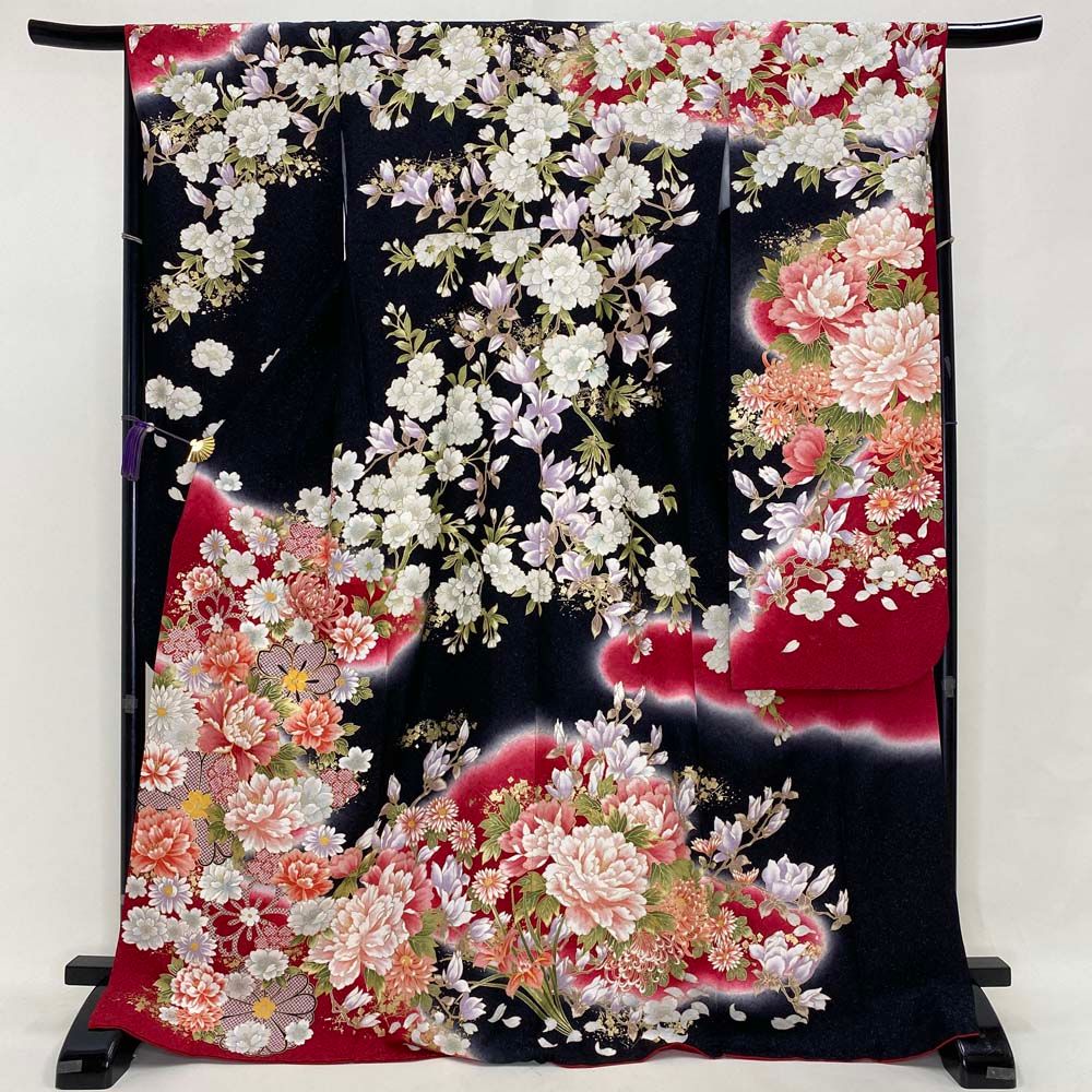 振袖 黒 赤 正絹 古典 裄67.3 cm 身丈172 L サイズ 成人式 5071