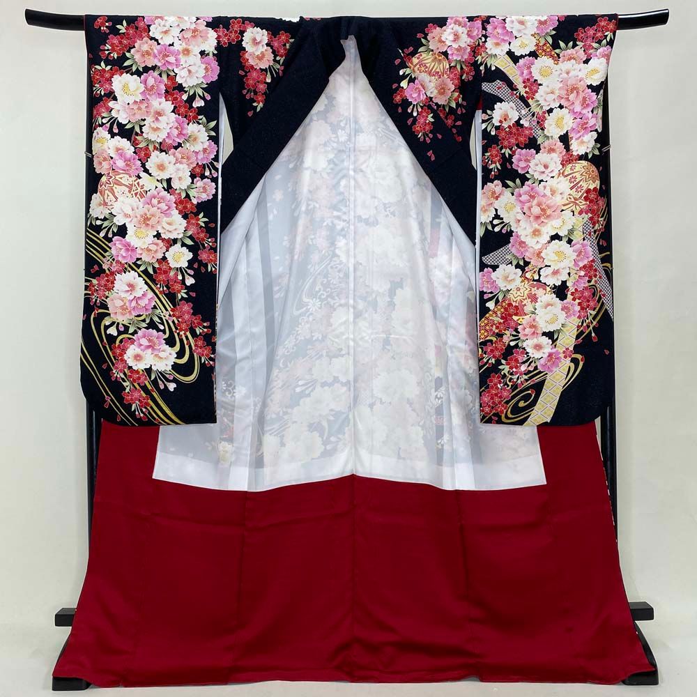 振袖 黒 幅広 大きい 正絹 古典 裄69.5 cm 身丈178 L サイズ 成人式 5072