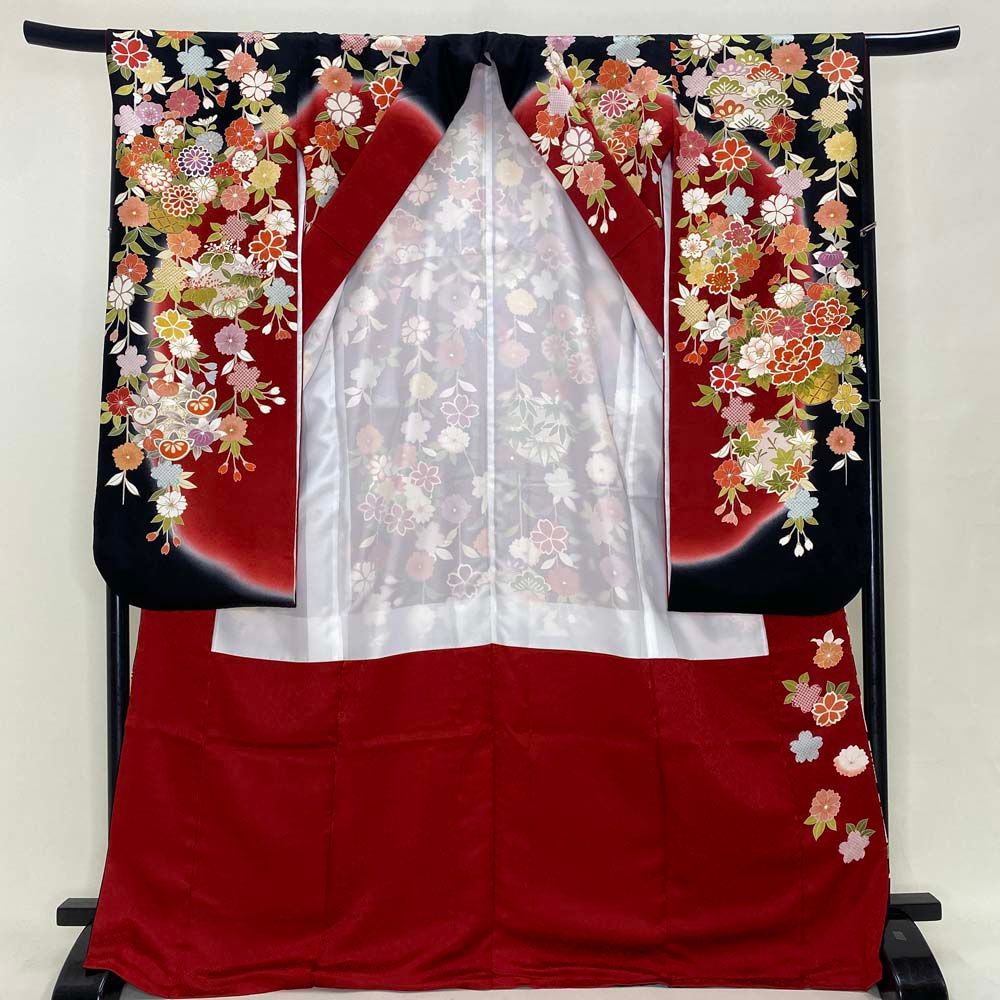 振袖 赤 黒 正絹 古典 裄67.5 cm 身丈173 L サイズ 成人式 5074